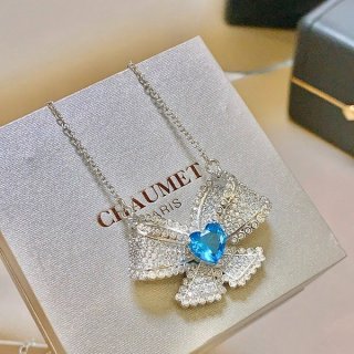 ショーメ リボン&ブルーハート シルバー ネックレス 本物 she90936 ショーメ リボン&ブルーハート シルバー ネックレス 本物 she90936