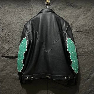 入手困難クロムハーツ 本物 フローラルクロス レザージャケット Blk×Grn Kue10837